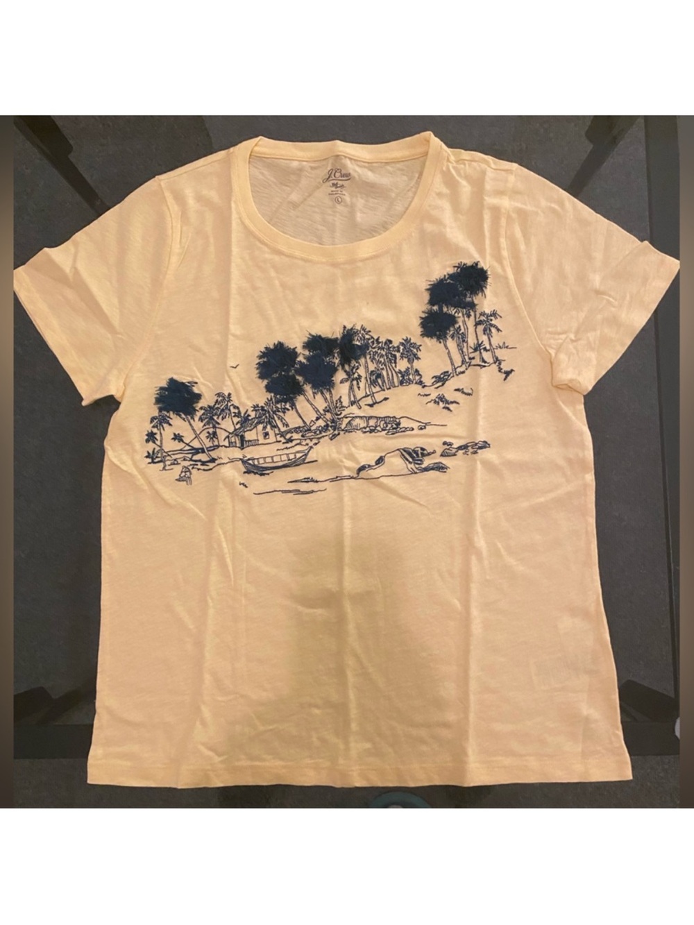 J. Crew Pale Yellow Beach Graphic Short Sleeve Tee with fringe